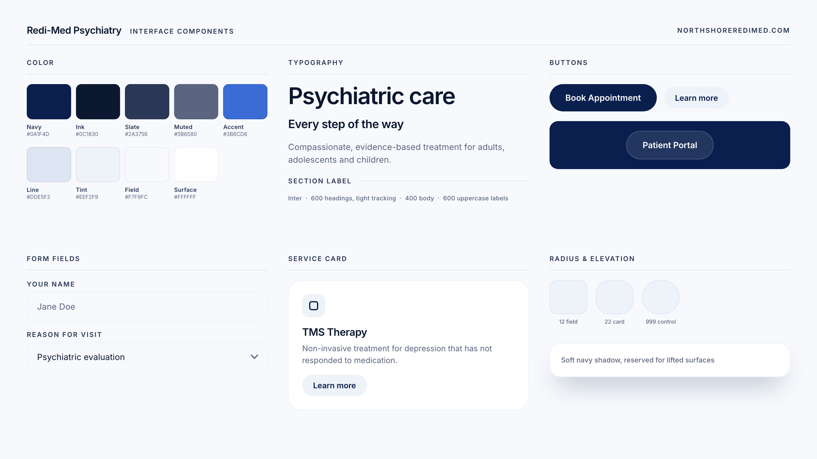 Interface components from the Redi-Med Psychiatry site: the navy and blue palette with hex values, the Inter type roles, pill buttons in three weights, form fields, a service card, and the radius and elevation scales.